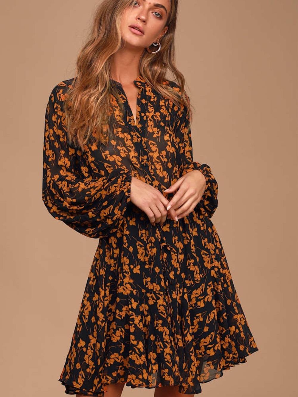 Sashay My Way Black Floral Print Long Sleeve Mini Dress size M